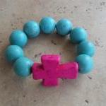 Turquoise Stretch Bracelet With Pink Cross