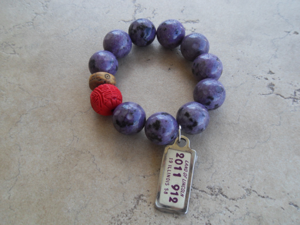 Purple Jasper Stretch Bracelet With A Red Pop Of Color And Vintage License Plate From 1958