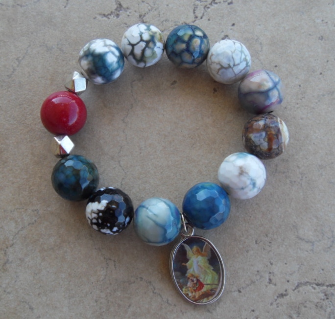 Blue Faceted Fire Agate Stretch Bracelet With Guardian Angel Charm
